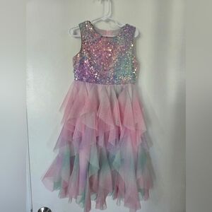 Girls Iridescent Sequin Bodice Pink Pastel Ruffle Tulle Dress